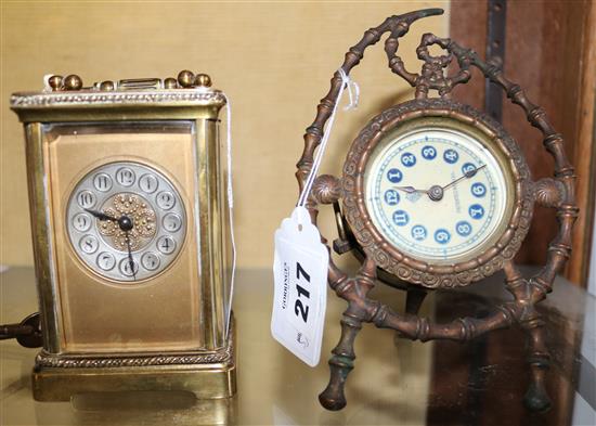 Brass cased timepiece, 18 cm & French brass carriage clock
